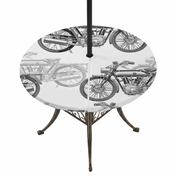 Round Outdoor Tablecloth with Umbrella Hole and Zipper, Black White Motorcycles Tablecloth with Elastic Waterproof, Modern Hand-Painted Vehicles Patio Table Covers for 31" - 35" Picnic Pool Tables
