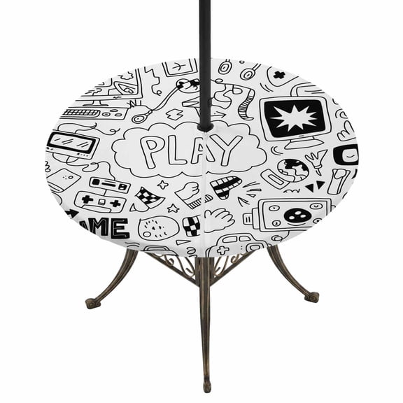 Round Outdoor Tablecloth with Umbrella Hole and Zipper, Black White Video Game Tablecloth with Elastic Waterproof, Console Computer Gaming Sketch Style Patio Table Covers for 31" - 35" Pool Tables