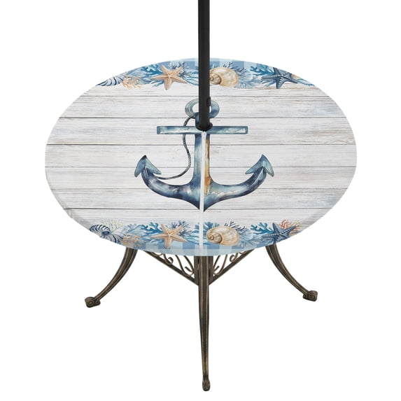 Round Outdoor Tablecloth with Umbrella Hole and Zipper, Blue Anchor Coastal Tablecloth with Elastic Waterproof, Summer Nautical Beach Coral Shell Patio Table Covers for 55" - 60" Picnic Pool Tables