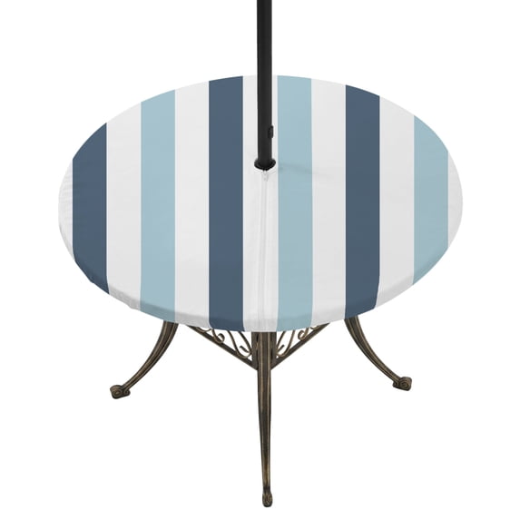 Round Outdoor Tablecloth with Umbrella Hole and Zipper, Blue Aqua Striped Tablecloth with Elastic Waterproof, Farmhouse Stripe Art Patio Table Covers for 36" - 44" Picnic Pool Tables