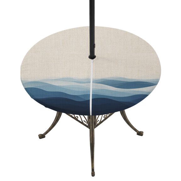 Round Outdoor Tablecloth with Umbrella Hole and Zipper, Blue Beige Ombre Tablecloth with Elastic Waterproof, Minimalist Ocean Waves Linen Patio Table Covers for 36" - 44" Picnic Pool Tables