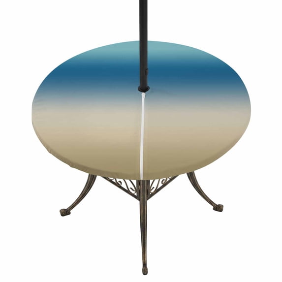 Round Outdoor Tablecloth with Umbrella Hole and Zipper, Blue Beige Ombre Tablecloth with Elastic Waterproof, Modern Gradient Abstract Art Patio Table Covers for 31" - 35" Picnic Pool Tables