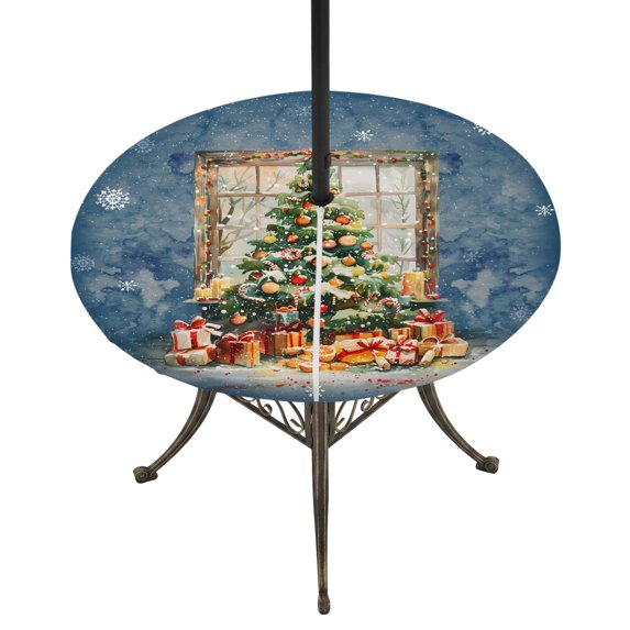 Round Outdoor Tablecloth with Umbrella Hole and Zipper, Blue Christmas Tree Fitted Table Cover with Elastic Edge for 31-35 Inch, Watercolor Xmas Snowflake Waterproof Patio Tablecoths for Picnic