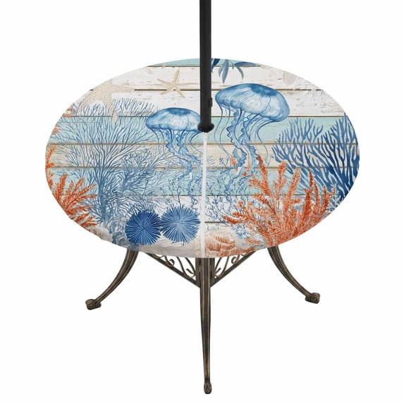Round Outdoor Tablecloth with Umbrella Hole and Zipper, Blue Coastal Jellyfish Tablecloth with Elastic Waterproof, Nautical Sea Beach Starfish Coral Patio Table Covers for 45" - 54" Pool Tables