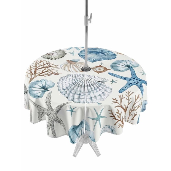 Round Outdoor Tablecloth With Umbrella Hole And Zipper– Blue Coastal Ocean Beach Themed Waterproof Patio Table Cover for Party, Picnic, Backyard, 60" Dia. , Nautical Coral Starfish