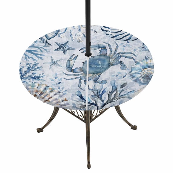 Round Outdoor Tablecloth with Umbrella Hole and Zipper, Blue Crab Coastal Tablecloth with Elastic Waterproof, Summer Beach Coral Conch Shell Patio Table Covers for 31" - 35" Picnic Pool Tables