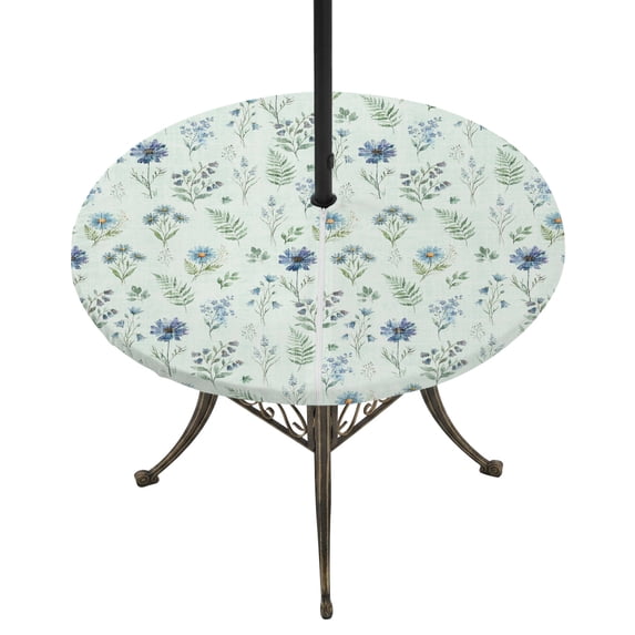 Round Outdoor Tablecloth with Umbrella Hole and Zipper, Blue Floral Spring Tablecloth with Elastic Waterproof, Sage Green Farmhouse Botanical Chic Patio Table Covers for 31" - 35" Picnic Pool Tables