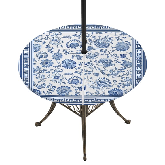Round Outdoor Tablecloth with Umbrella Hole and Zipper, Blue Floral Tablecloth with Elastic Waterproof, Vintage Flowers Botanical Farmhouse Greek Key Patio Table Covers for 36" - 44" Pool Tables