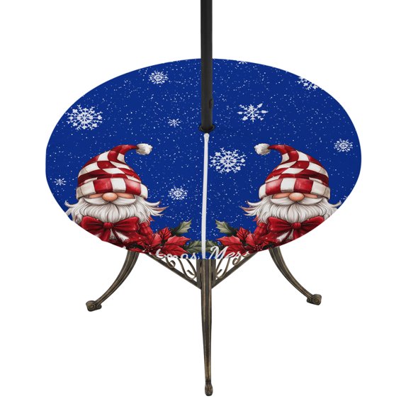 Round Outdoor Tablecloth with Umbrella Hole and Zipper, Blue Gnomes Christmas Fitted Table Cover with Elastic Edge for 36-44 Inch, Snowflake Xmas Poinsettia Waterproof Patio Tablecoths for Picnic