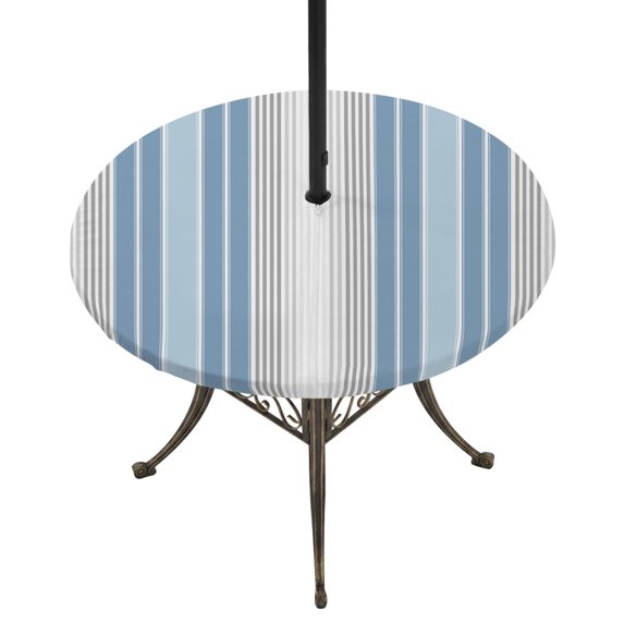 Round Outdoor Tablecloth with Umbrella Hole and Zipper, Blue Gray Stripes Tablecloth with Elastic Waterproof, Contemporary Minimalist Abstract Lines Patio Table Covers for 31" - 35" Pool Tables