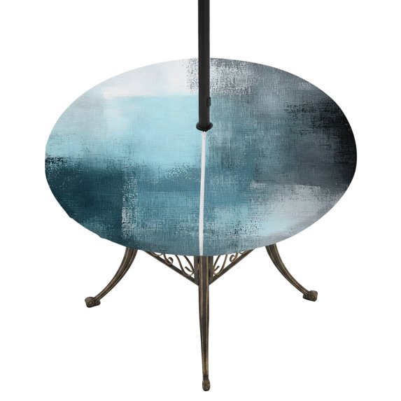 Round Outdoor Tablecloth with Umbrella Hole and Zipper, Blue Gray Tablecloth with Elastic Waterproof, Retro Abstract Gradient Plaid Geometric Art Patio Table Covers for 55" - 60" Picnic Pool Tables