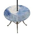 thumbnail image 1 of Round Outdoor Tablecloth with Umbrella Hole and Zipper, Blue Grey Palm Leaves Tablecloth with Elastic Waterproof, Summer Tropical Plants Botanical Patio Table Covers for 45" - 54" Picnic Pool Tables, 1 of 9
