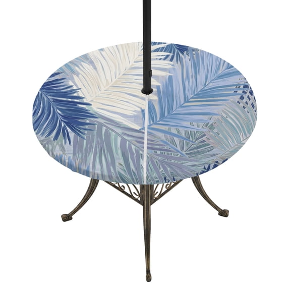 Round Outdoor Tablecloth with Umbrella Hole and Zipper, Blue Grey Palm Leaves Tablecloth with Elastic Waterproof, Summer Tropical Plants Botanical Patio Table Covers for 45" - 54" Picnic Pool Tables
