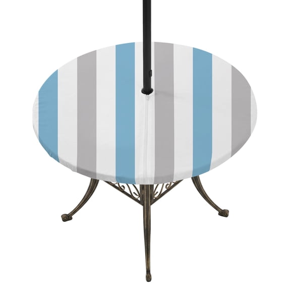 Round Outdoor Tablecloth with Umbrella Hole and Zipper, Blue Grey Striped Tablecloth with Elastic Waterproof, Geometric Vertical Stripes Minimalist Patio Table Covers for 55" - 60" Pool Tables