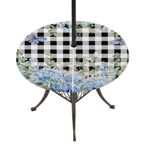 Round Outdoor Tablecloth with Umbrella Hole and Zipper, Blue Hydrangea Fitted Table Cover with Elastic Edge for 36-44 Inch, Spring Summer Eucalyptus Black Checkered Waterproof Patio Tablecoths