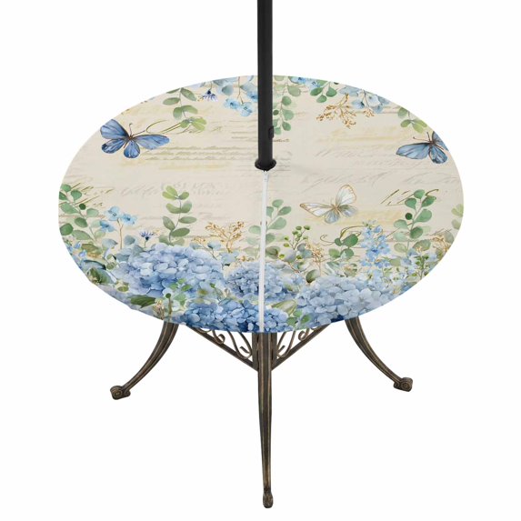 Round Outdoor Tablecloth with Umbrella Hole and Zipper, Blue Hydrangea Fitted Table Cover with Elastic Edge for 36-44 Inch, Spring Summer Eucalyptus Farmhouse Retro Waterproof Patio Tablecoths