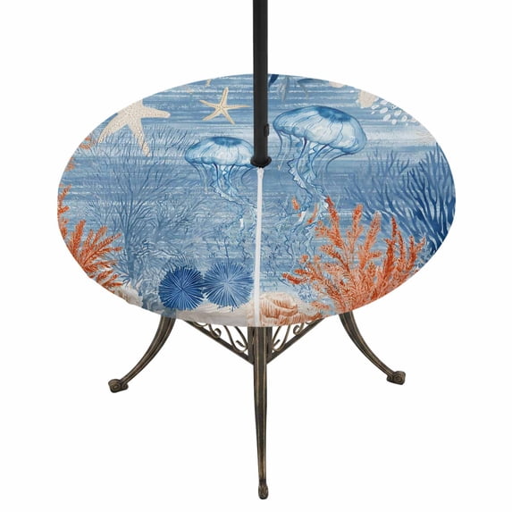 Round Outdoor Tablecloth with Umbrella Hole and Zipper, Blue Jellyfish Tablecloth with Elastic Waterproof, Retro Coastal Nautical Starfish Coral Leaves Patio Table Covers for 36" - 44" Pool Tables