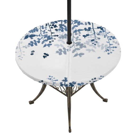 Round Outdoor Tablecloth with Umbrella Hole and Zipper, Blue Leaves Tablecloth with Elastic Waterproof, Summer Botanical Patio Table Covers for 36" - 44" Picnic Pool Tables