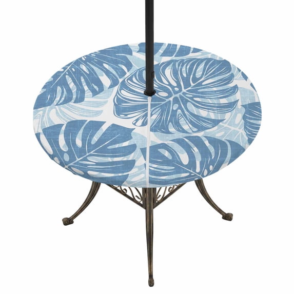 Round Outdoor Tablecloth with Umbrella Hole and Zipper, Blue Monstera Deliciosa Tablecloth with Elastic Waterproof, Summer Botanical Tropical Patio Table Covers for 45" - 54" Picnic Pool Tables