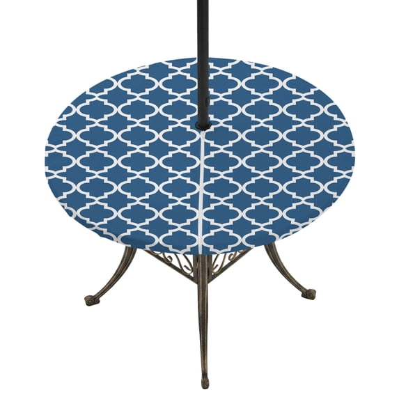 Round Outdoor Tablecloth with Umbrella Hole and Zipper, Blue Moroccon Tablecloth with Elastic Waterproof, Middle Century Minimalist Rustic Geometric Patio Table Covers for 55" - 60" Pool Tables