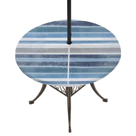 Round Outdoor Tablecloth with Umbrella Hole and Zipper, Blue Nordic Style Stripes Fitted Table Cover with Elastic Edge for 31-35 Inch, Blue Gray Texture Waterproof Patio Tablecoths for Picnic