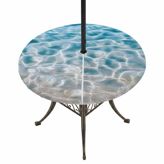 Round Outdoor Tablecloth with Umbrella Hole and Zipper, Blue Ocean Tablecloth with Elastic Waterproof, Underwater Sea Waves Water Ripple Seascape Patio Table Covers for 36" - 44" Picnic Pool Tables