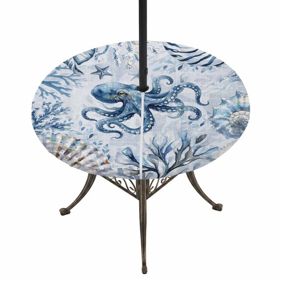 Round Outdoor Tablecloth with Umbrella Hole and Zipper, Blue Octopus Coastal Tablecloth with Elastic Waterproof, Summer Beach Coral Conch Shell Patio Table Covers for 31" - 35" Picnic Pool Tables