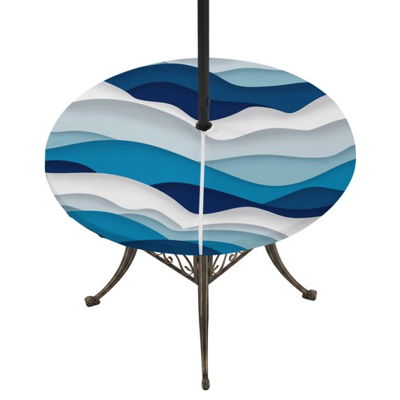 Round Outdoor Tablecloth with Umbrella Hole and Zipper, Blue Ombre Fitted Table Cover with Elastic Edge for 45-54 Inch, Modern Geometric Abstract Art Moire Waterproof Patio Tablecoths for Picnic