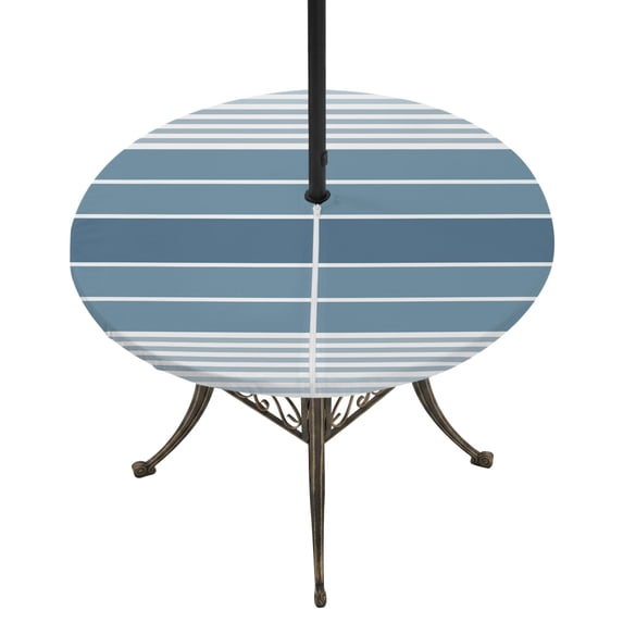 Round Outdoor Tablecloth with Umbrella Hole and Zipper, Blue Ombre Stripe Tablecloth with Elastic Waterproof, Farmhouse Striped Gradient Patio Table Covers for 45" - 54" Picnic Pool Tables