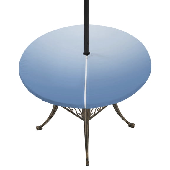 Round Outdoor Tablecloth with Umbrella Hole and Zipper, Blue Ombre Tablecloth with Elastic Waterproof, Modern Minimalist Gradient Aesthetic Patio Table Covers for 55" - 60" Picnic Pool Tables