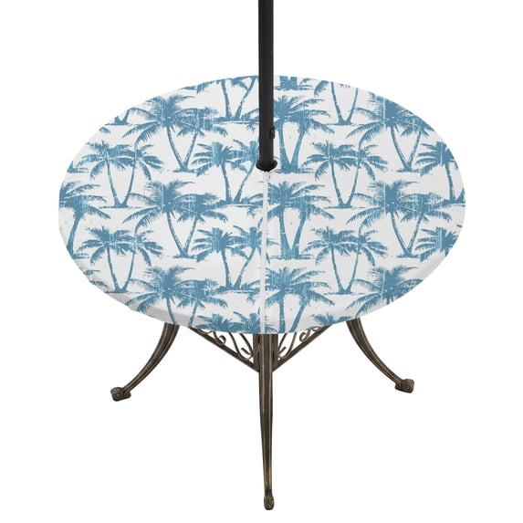 Round Outdoor Tablecloth with Umbrella Hole and Zipper, Blue Palm Tree Tablecloth with Elastic Waterproof, Coastal Trees Summer Tropical Botanical Patio Table Covers for 55" - 60" Picnic Pool Tables