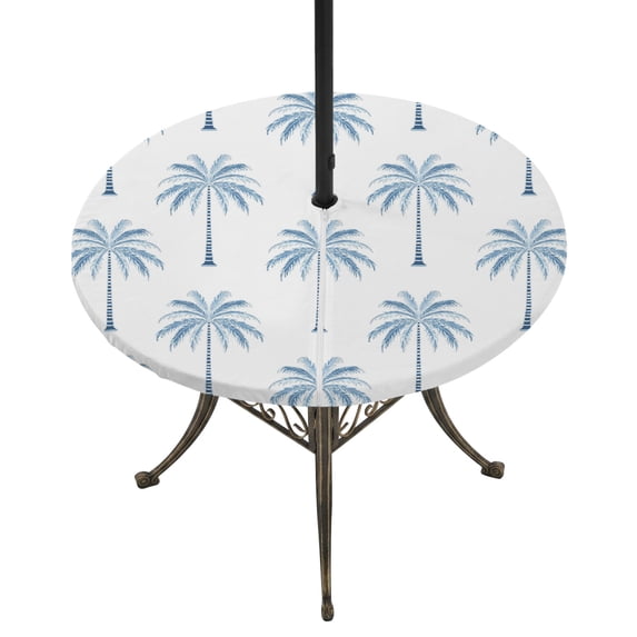 Round Outdoor Tablecloth with Umbrella Hole and Zipper, Blue Palm Trees Tablecloth with Elastic Waterproof, Tropical Summer Beach Botanical Patio Table Covers for 31" - 35" Picnic Pool Tables