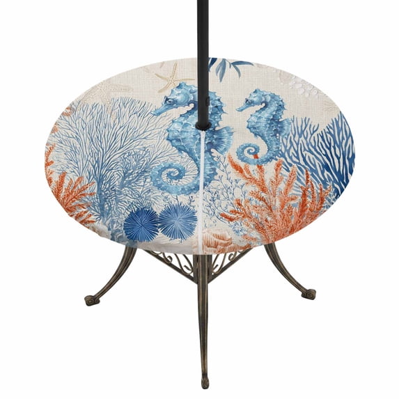 Round Outdoor Tablecloth with Umbrella Hole and Zipper, Blue Red Seahorse Coastal Tablecloth with Elastic Waterproof, Rustic Beach Coral Nautical Patio Table Covers for 36" - 44" Picnic Pool Tables