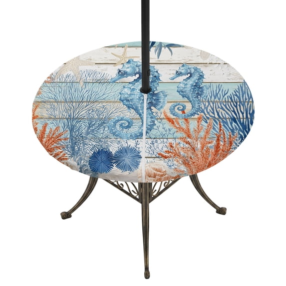 Round Outdoor Tablecloth with Umbrella Hole and Zipper, Blue Red Seahorse Coastal Tablecloth with Elastic Waterproof, Teal Wood Beach Coral Nautical Patio Table Covers for 45" - 54" Pool Tables