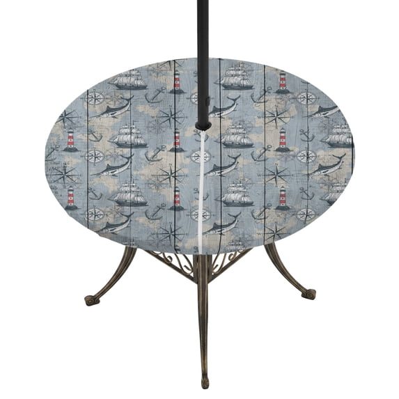 Round Outdoor Tablecloth with Umbrella Hole and Zipper, Blue Seaports Tablecloth with Elastic Waterproof, Vintage Ocean Anchor Shark Farmhouse Wood Patio Table Covers for 31" - 35" Pool Tables