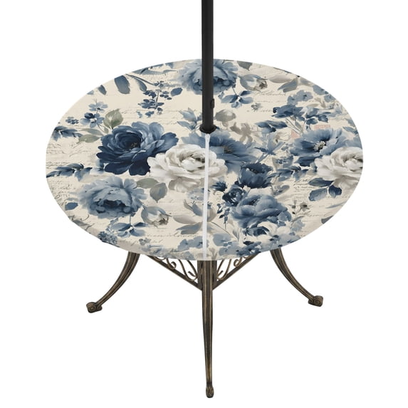 Round Outdoor Tablecloth with Umbrella Hole and Zipper, Blue Spring Floral Tablecloth with Elastic Waterproof, Vintage Flowers Botanical Farmhouse Patio Table Covers for 36" - 44" Picnic Pool Tables