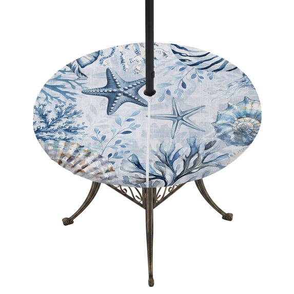 Round Outdoor Tablecloth with Umbrella Hole and Zipper, Blue Starfish Coastal Tablecloth with Elastic Waterproof, Seaside Summer Ocean Shell Conch Patio Table Covers for 36" - 44" Picnic Pool Tables