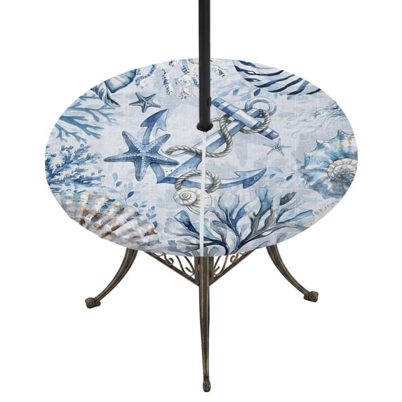 Round Outdoor Tablecloth with Umbrella Hole and Zipper, Blue Starfish Coastal Tablecloth with Elastic Waterproof, Summer Beach Coral Conch Shell Patio Table Covers for 31" - 35" Picnic Pool Tables
