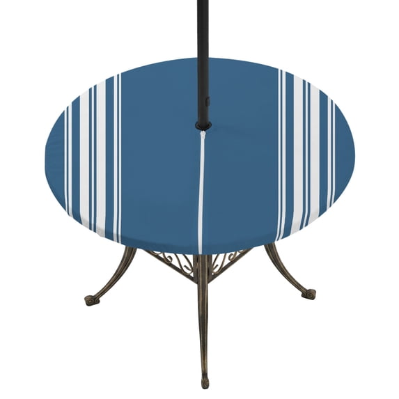 Round Outdoor Tablecloth with Umbrella Hole and Zipper, Blue Striped Fitted Table Cover with Elastic Edge for 55-60 Inch, Farmhouse Blue White Stripes Aesthetics Waterproof Patio Tablecoths