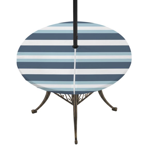 Round Outdoor Tablecloth with Umbrella Hole and Zipper, Blue Striped Tablecloth with Elastic Waterproof, Modern Gradient Abstract Lines Aesthetic Patio Table Covers for 55" - 60" Picnic Pool Tables