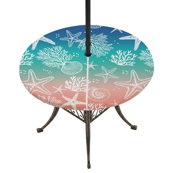 Round Outdoor Tablecloth with Umbrella Hole and Zipper, Blue Teal Pink Ombre Coastal Tablecloth with Elastic Waterproof, Nautical Beach Starfish Coral Summer Patio Table Covers for 36" - 44" Tables