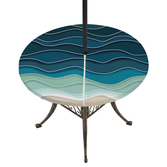 Round Outdoor Tablecloth with Umbrella Hole and Zipper, Blue Waves Tablecloth with Elastic Waterproof, Rustic Abstract Beach Ombre Stripes Art Patio Table Covers for 45" - 54" Picnic Pool Tables