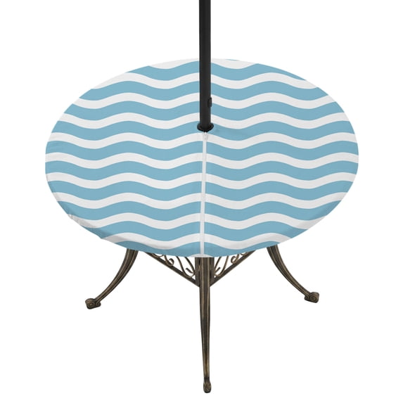 Round Outdoor Tablecloth with Umbrella Hole and Zipper, Blue White Tablecloth with Elastic Waterproof, Modern Abstract Waves Water Ripple Striped Patio Table Covers for 45" - 54" Picnic Pool Tables