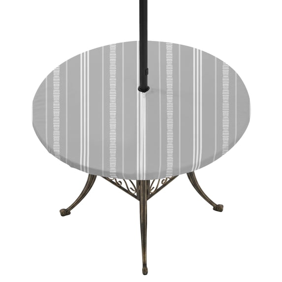 Round Outdoor Tablecloth with Umbrella Hole and Zipper, Boho Grey Tablecloth with Elastic Waterproof, Minimalist Farmhouse Striped Patio Table Covers for 55" - 60" Picnic Pool Tables