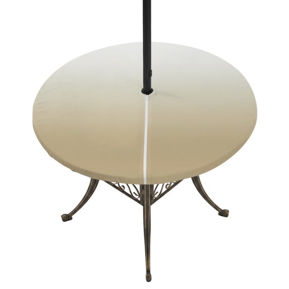 Round Outdoor Tablecloth with Umbrella Hole and Zipper, Brown Beige Ombre Fitted Table Cover with Elastic Edge for 45-54 Inch, Abstract Modern Art Gradient Waterproof Patio Tablecoths for Picnic