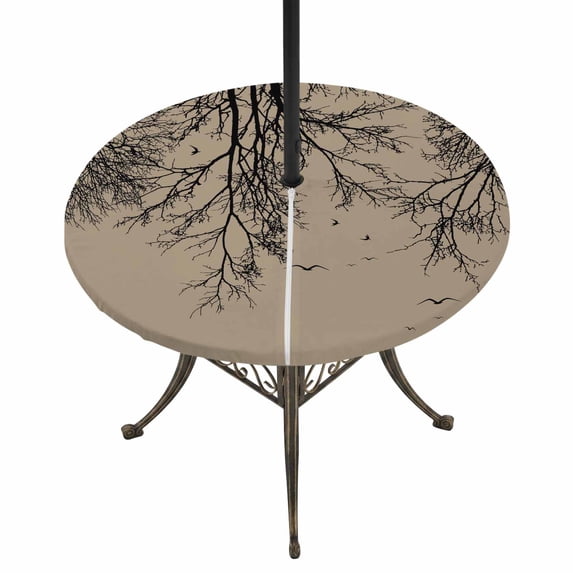 Round Outdoor Tablecloth with Umbrella Hole and Zipper, Brown Black Branches Tablecloth with Elastic Waterproof, Botanical Dead Tree Birds Patio Table Covers for 31" - 35" Picnic Pool Tables