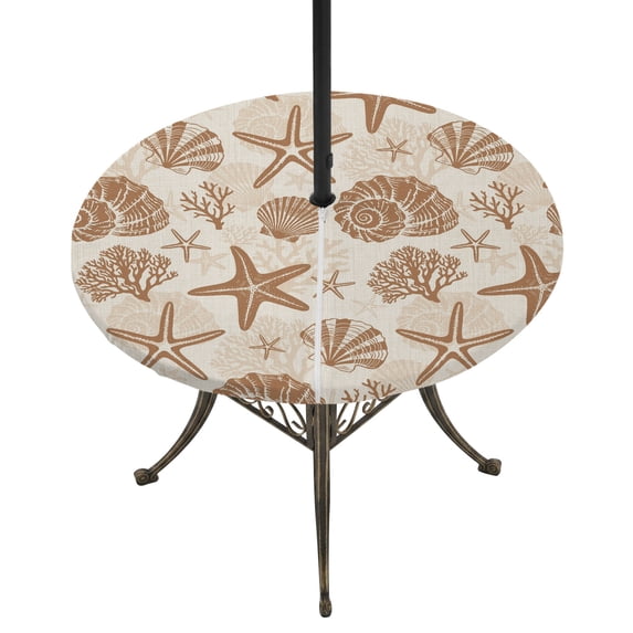 Round Outdoor Tablecloth with Umbrella Hole and Zipper, Brown Coastal Summer Tablecloth with Elastic Waterproof, Coral Shell Starfish Nautical Retro Patio Table Covers for 45" - 54" Pool Tables
