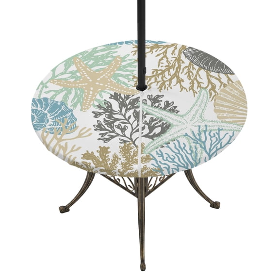 Round Outdoor Tablecloth with Umbrella Hole and Zipper, Brown Coastal Tablecloth with Elastic Waterproof, Teal Grey Sea Coral Starfish Nautical Patio Table Covers for 31" - 35" Picnic Pool Tables