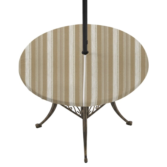 Round Outdoor Tablecloth with Umbrella Hole and Zipper, Brown Grey Striped Tablecloth with Elastic Waterproof, Farmhouse Stripes Modern Abstract Art Patio Table Covers for 45" - 54" Pool Tables