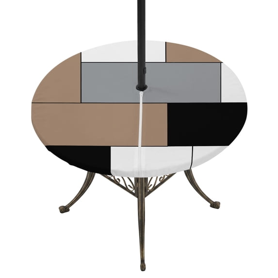 Round Outdoor Tablecloth with Umbrella Hole and Zipper, Brown Grey Tablecloth with Elastic Waterproof, Modern Brown Geometric Patio Table Covers for 36" - 44" Picnic Pool Tables